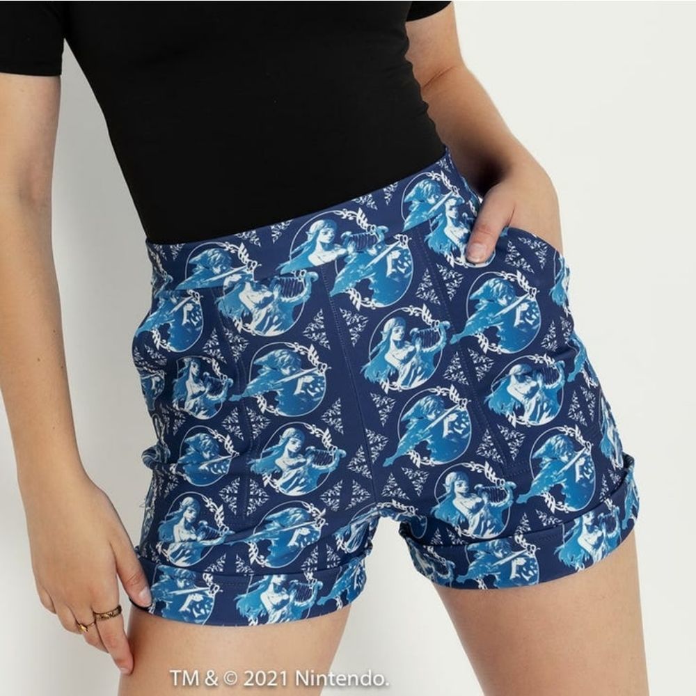 NWT Blackmilk Legend Of Zelda Nintendo Blue High Waisted Cuffed Shorts Large - Picture 2 of 11